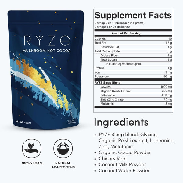 RYZE Mushroom Hot Cocoa with Melatonin, Reishi & L-Theanine, 20 Servings My Store