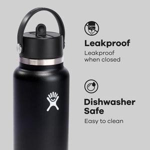 Hydro Flask Water Bottle - Insulated Stainless Steel - Wide Straw Lid, Non Spill, Leakproof in 32 Oz Black My Store