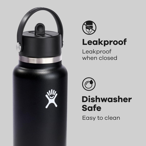 Hydro Flask Water Bottle - Insulated Stainless Steel - Wide Straw Lid, Non Spill, Leakproof in 32 Oz Black My Store
