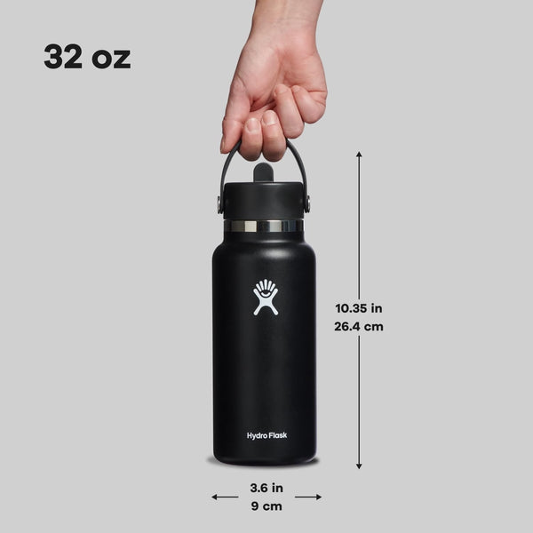 Hydro Flask Water Bottle - Insulated Stainless Steel - Wide Straw Lid, Non Spill, Leakproof in 32 Oz Black My Store